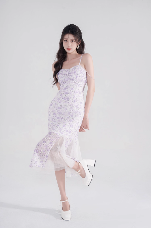 French design niche fishtail skirt sweet pure desire mid-length skirt purple floral suspender dress R4145