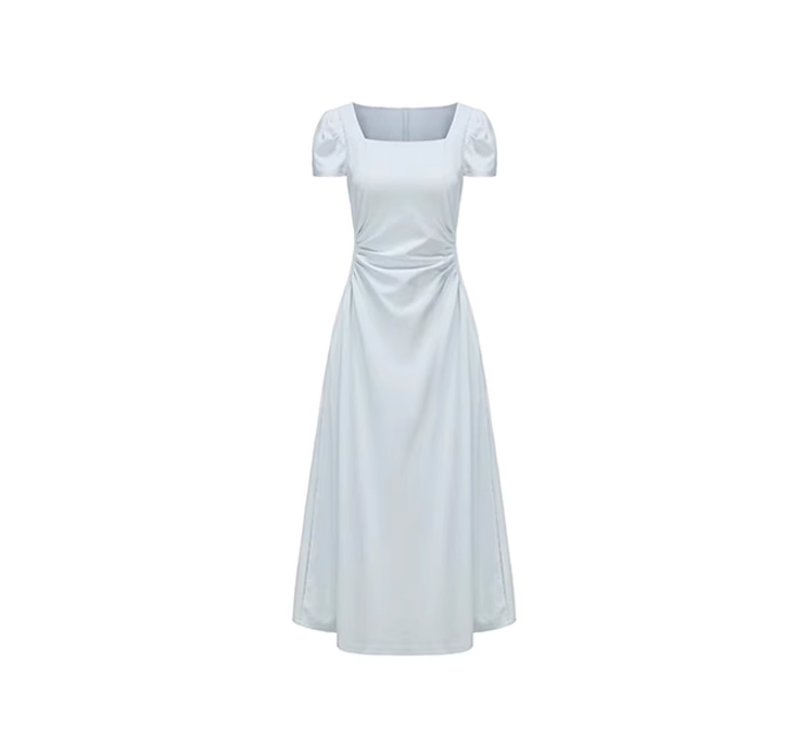 French minimalist dress 2025 new gentle style puff sleeve square neck waist long dress high-end R0106