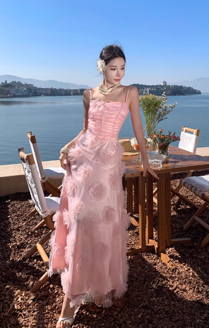 Pink flower suspender dress gentle temperament beautiful dress R0800
