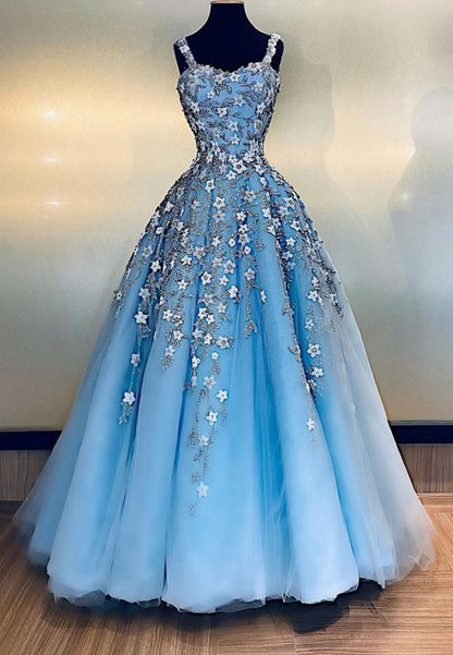 Blue tulle appliqué long prom dress evening dress M862