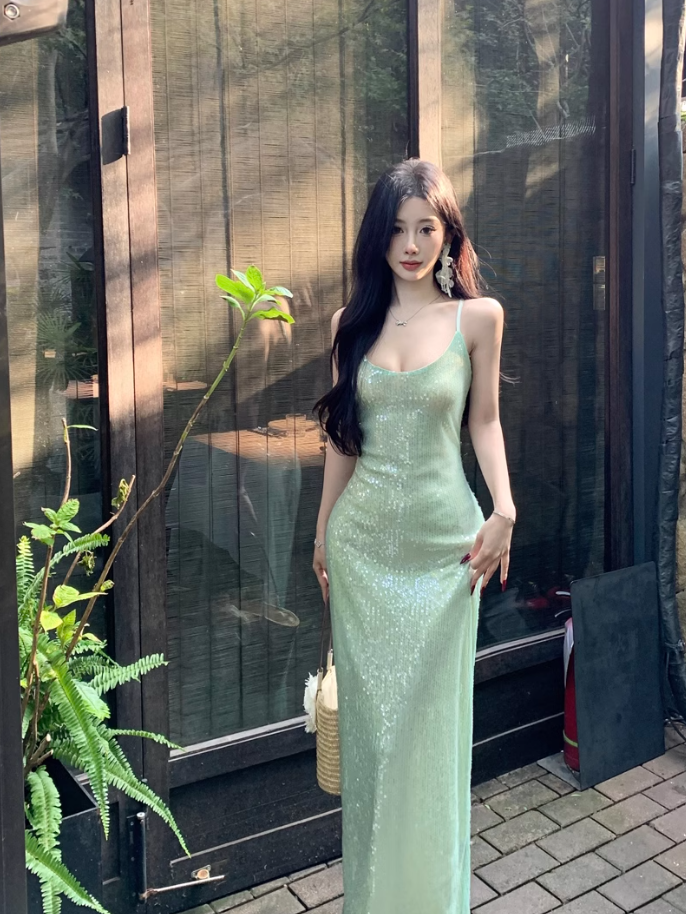 Seaside holiday style sexy backless suspender dress royal sister socialite high-end wear sequin dress R0482