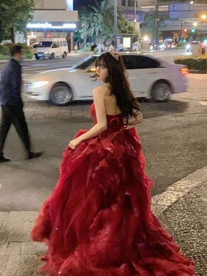 A-line Red Elegant Long Prom Dresses Evening Dress     S6373