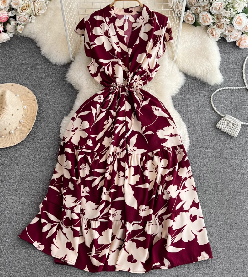 High-end, light luxury temperament flying sleeves V-neck waist slimming A-line ruffled printed dress R0353