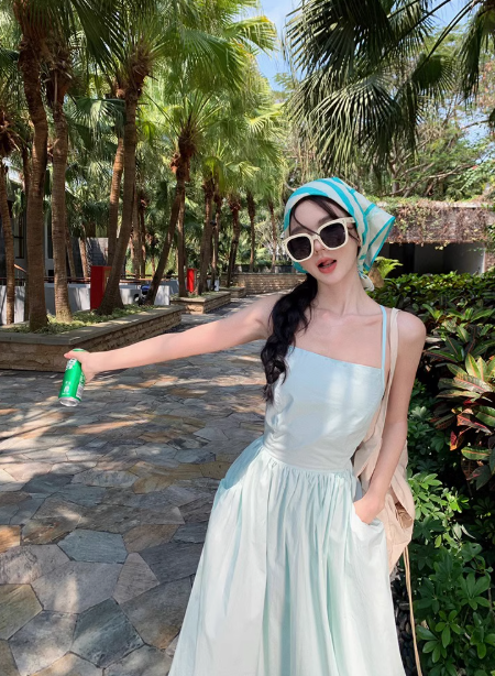 Mint Mambo Dress Backless Beach Vacation Suspender Dress Pure Desire Waist A-line Midi Dress R0252