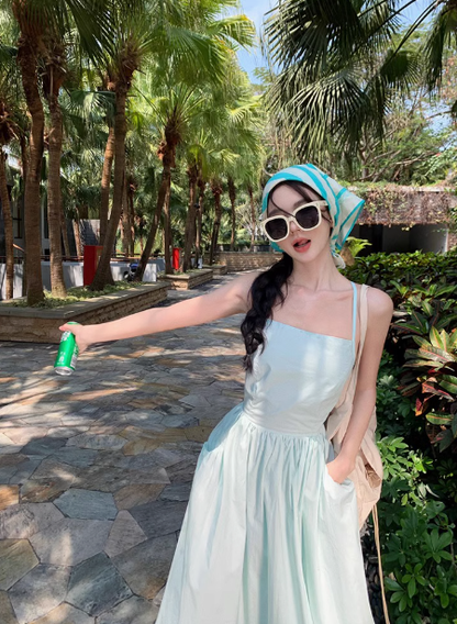 Mint Mambo Dress Backless Beach Vacation Suspender Dress Pure Desire Waist A-line Midi Dress R0252