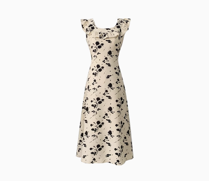 Ink painting print dress new style temperament U-neck floral long skirt R0032