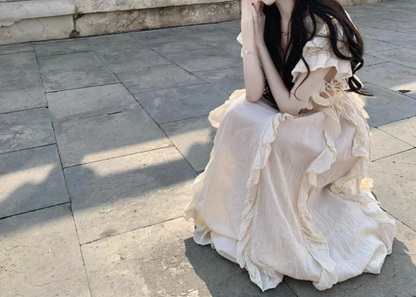 Beautiful little skirt exquisite dress ruffled V-neck waist long skirt R0703