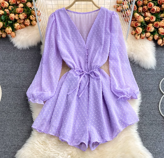 New fashion loose v-neck single-breasted waist strap chiffon puff sleeve jumpsuit wide-leg shorts trend R0350