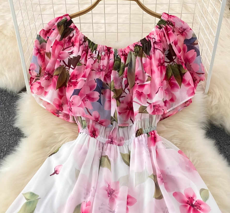 2025 new style ruffled one-shoulder printed two-way long skirt high waist slimming super fairy big swing dress R0352