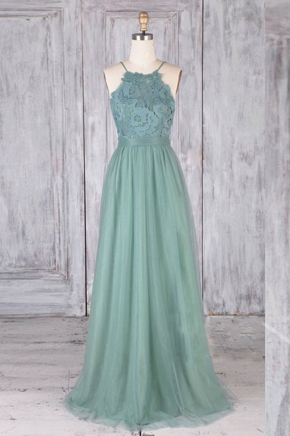 A Line Prom Dress Backless Green Tulle Formal Graduation Evening Dresses M3047