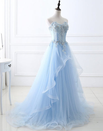 Shiny Blue Backless Prom Dresses with Thin Straps, Open Back Light Blue Formal Evening Dresses M2544