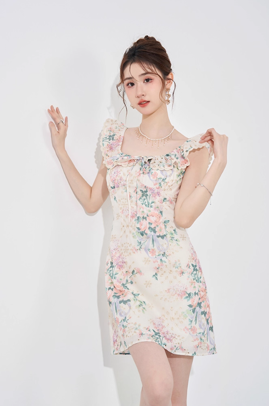 Niche design dress new summer French temperament waist slim sleeveless printed skirt R4297