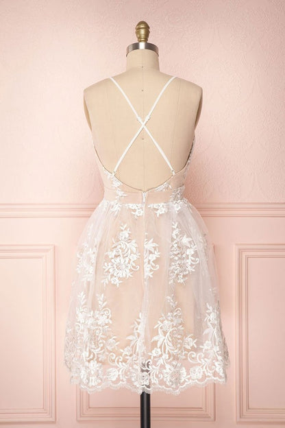 Cute V Neck Backless Pink Lace Appliques Short Prom Dress, Pink Lace Formal Graduation Homecoming Dress M2827