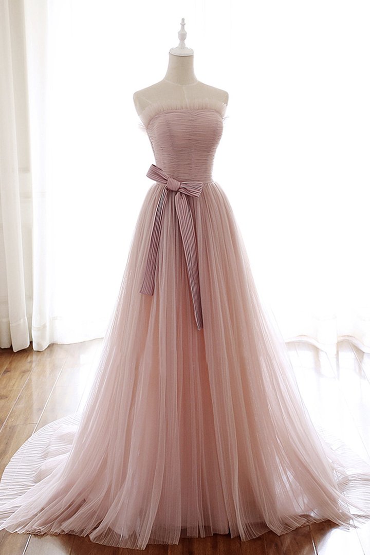 Pink tulle long A line prom dress pink evening dress M2216