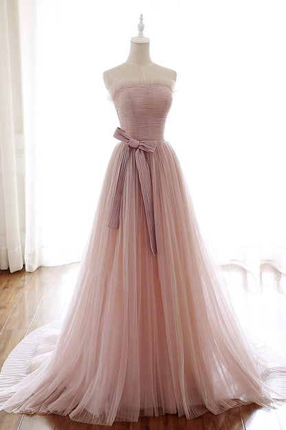 Pink tulle long A line prom dress pink evening dress M2216