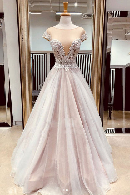 Cheap A Line Sheer Neck Cap Sleeves Prom Dress with Lace Appliques, Long Senior Dress M1646