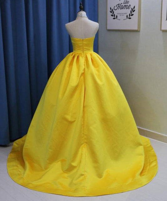 Yellow Ball Gown High Neck Prom Dress with Beading, Long Halter Quinceanera Dress M1553