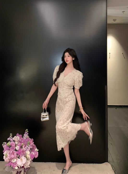 French beige exquisite diamond-studded elegant lace Chanel style long dress R4078