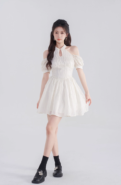 French dress new summer style beautiful temperament waist slimming white short skirt R4503