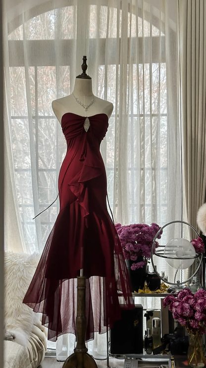 Elegant Burgundy Strapless Gorgeous Beaded Chiffon Evening Dress Prom Dress D1471