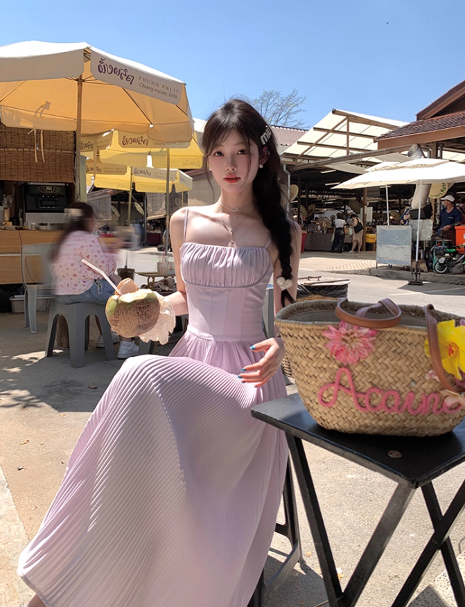 Purple one-shoulder waist suspender dress summer French style slim fit temperament skirt R4863