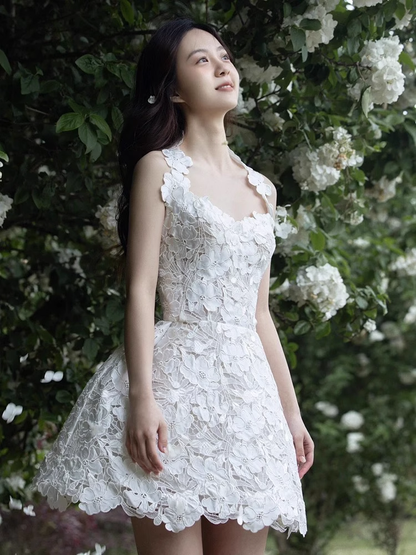 Retro White Appliqued Sleeveless Design A-line Party Dress Homecoming Dresses D1442