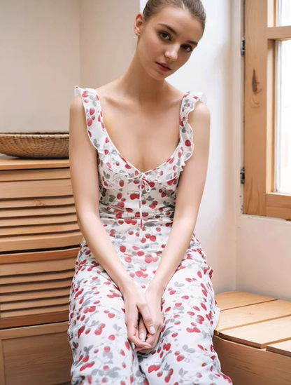 Dress Red Fruit Floral French V-neck Sleeveless Slim Fit Suspender Dress R2908