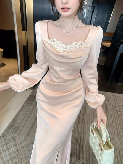 Sweet Lace Neck Pink Satin Mermaid Long Wedding Dress Formal Evening Dress Birthday Dress SP1541