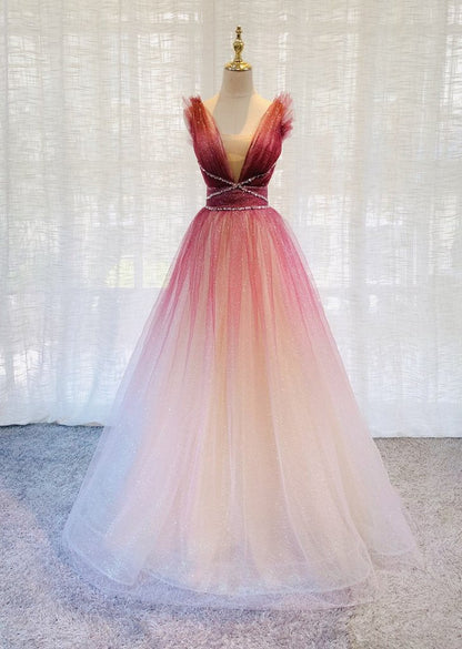 Newest Lace Up Back Burgundy V-neck A-line Long Beading Prom Dresses M1982