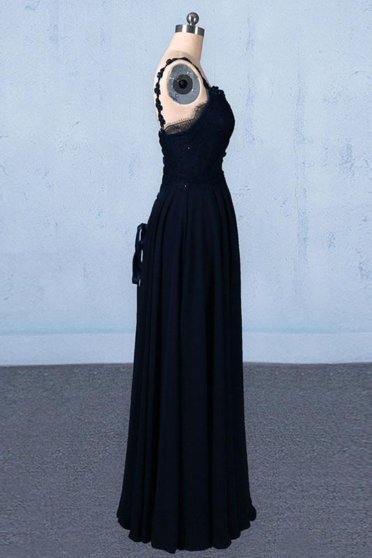 Dark Navy Blue Straps Floor Length Evening Dresses, Long Chiffon Prom Dress with Lace M1832