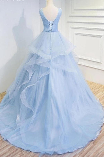 Puffy V Neck Sleeveless Tulle Prom Dress with Appliques, Long Quinceanera Dress M1907