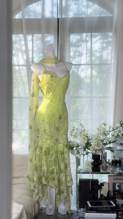 Retro Light Green Sparkling Sequin Spaghetti Strap Romantic Evening Dress Prom Dresses D1502