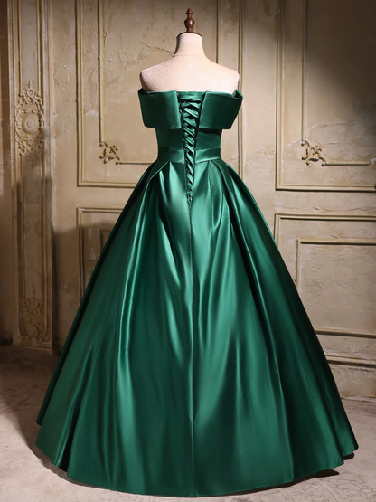 Elegant Emerald Green Satin Off-Shoulder Prom Dress, Long A-Line Formal Dress  fg8742