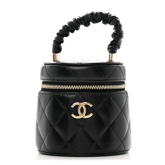 Lambskin Quilted Ruched Handle Vanity Case Black