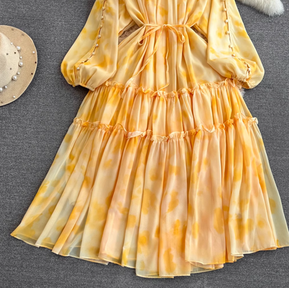 Gentle style lady temperament long sleeve low round neck waist medium length A-line printed dress R0392