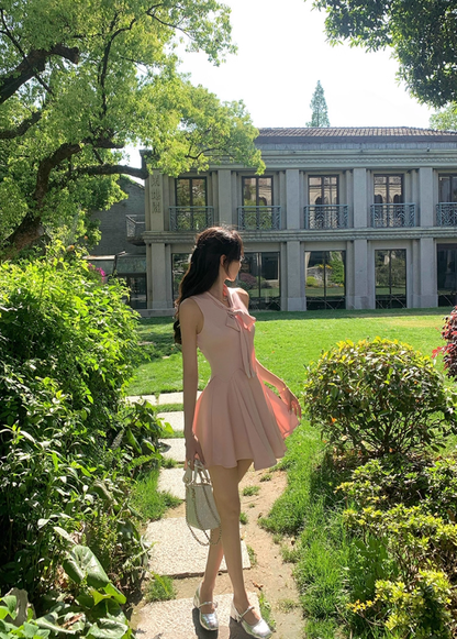 French style pink fake two-piece dress summer new temperament A-line short skirt R4341