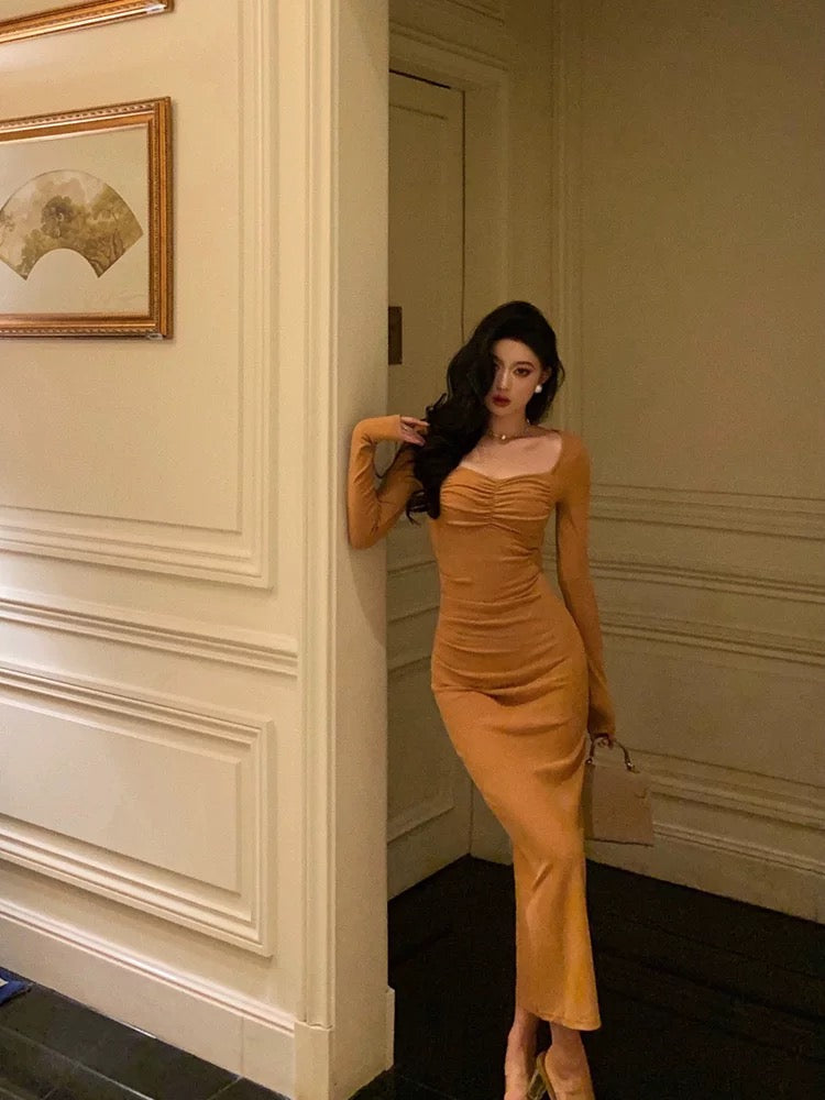 Classy Mermaid Square neckline Orange Prom Dresses Birthday Outfits Evening Gown