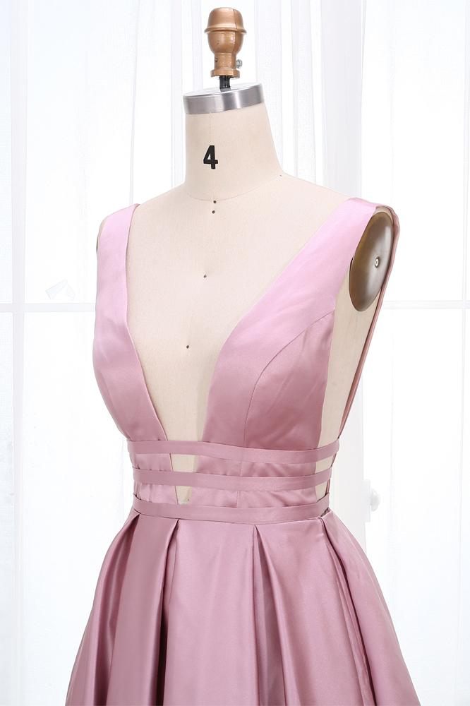 Simple V Neck Sleeveless Long Prom Dress, A Line Ruched Long Evening Dresses M1826