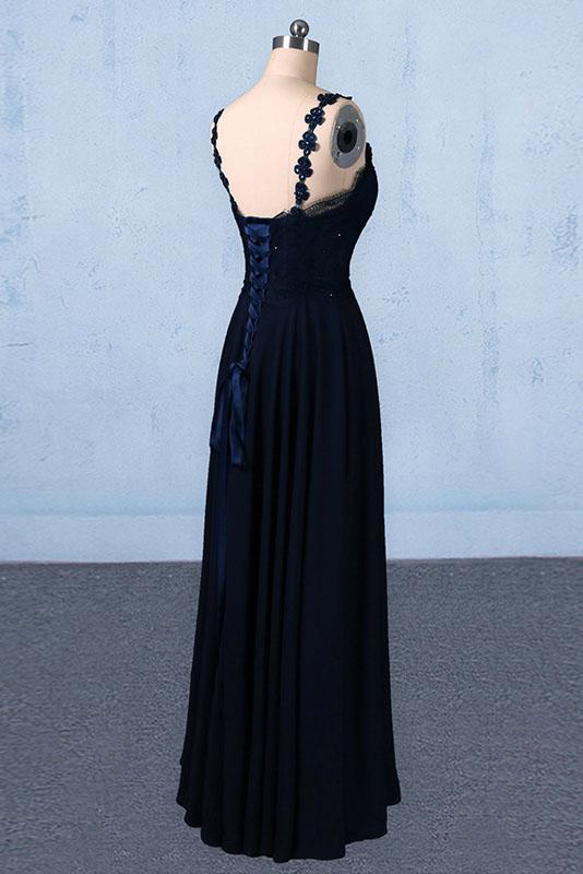 Dark Navy Blue Straps Floor Length Evening Dresses, Long Chiffon Prom Dress with Lace M1832