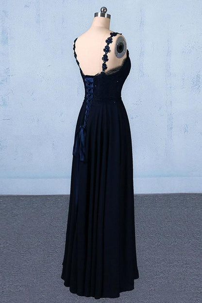 Dark Navy Blue Straps Floor Length Evening Dresses, Long Chiffon Prom Dress with Lace M1832
