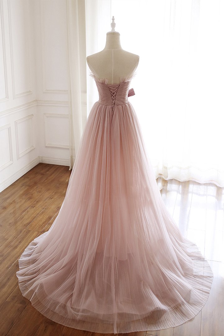 Pink tulle long A line prom dress pink evening dress M2216