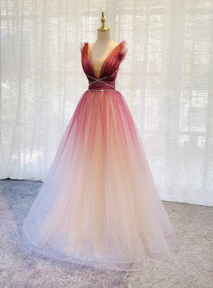 Newest Lace Up Back Burgundy V-neck A-line Long Beading Prom Dresses M1982