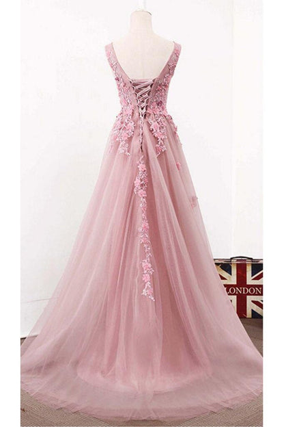 A Line V Neck Sleeveless Tulle Long Prom Dress with Flowers, Cheap Party Prom Dress M1072