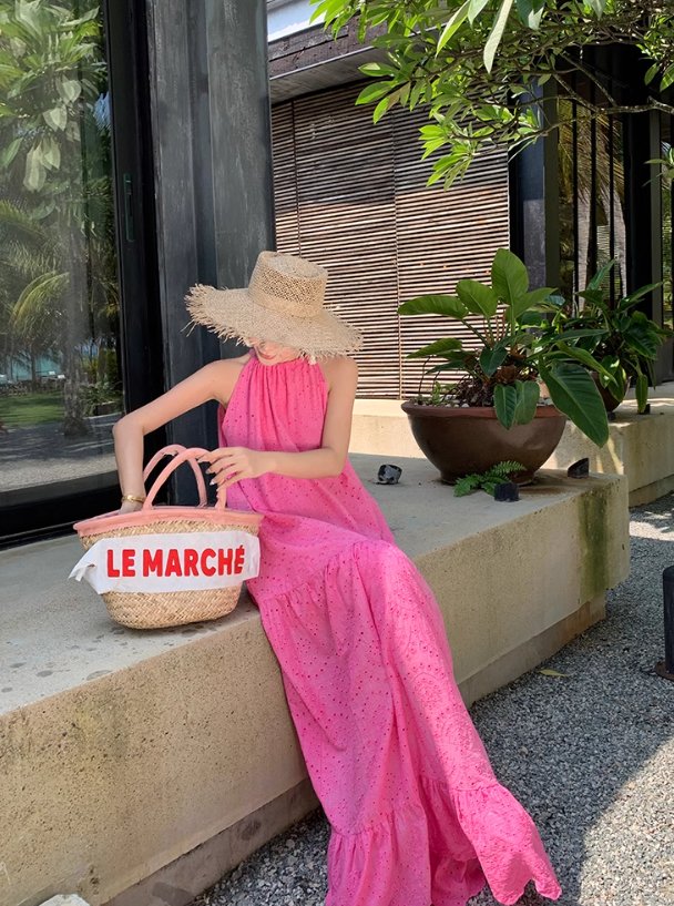 French lace hollow rose red sleeveless halter neck temperament long dress holiday style dress R0198