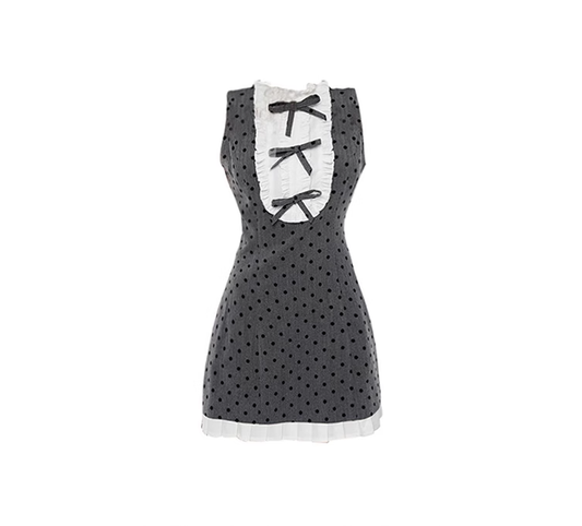 Gray polka dot stitching wood ear edge wrinkled dress 2025 new waist slimming bow short skirt R0129