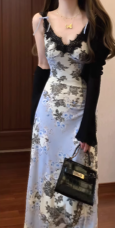 Oil painting floral suspender dress beautiful waist A-line long skirt R0606