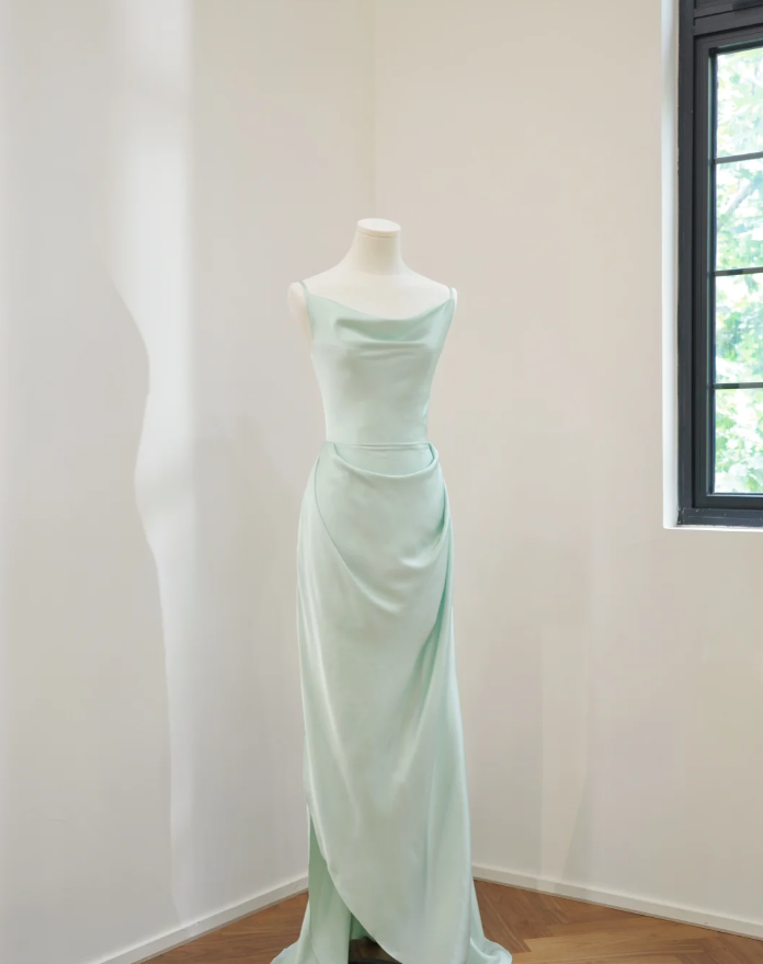 Classy Green Satin Mermaid Long Wedding Guest Dress Formal Bridesmaid Dress D2171