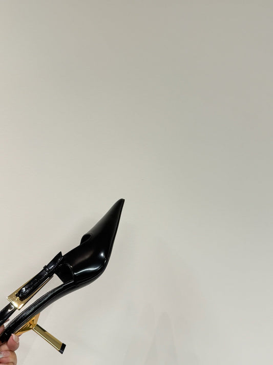 LEE SLINGBACK MID PUMPS IN BLACK SHINY CALFSKIN