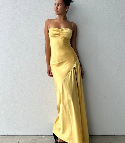 Spaghetti Straps Yellow Long Sheath Prom Dress With Slit MD7581