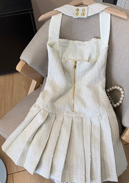 French style Chanel style halter neck dress new summer style high-end pleated skirt R3989